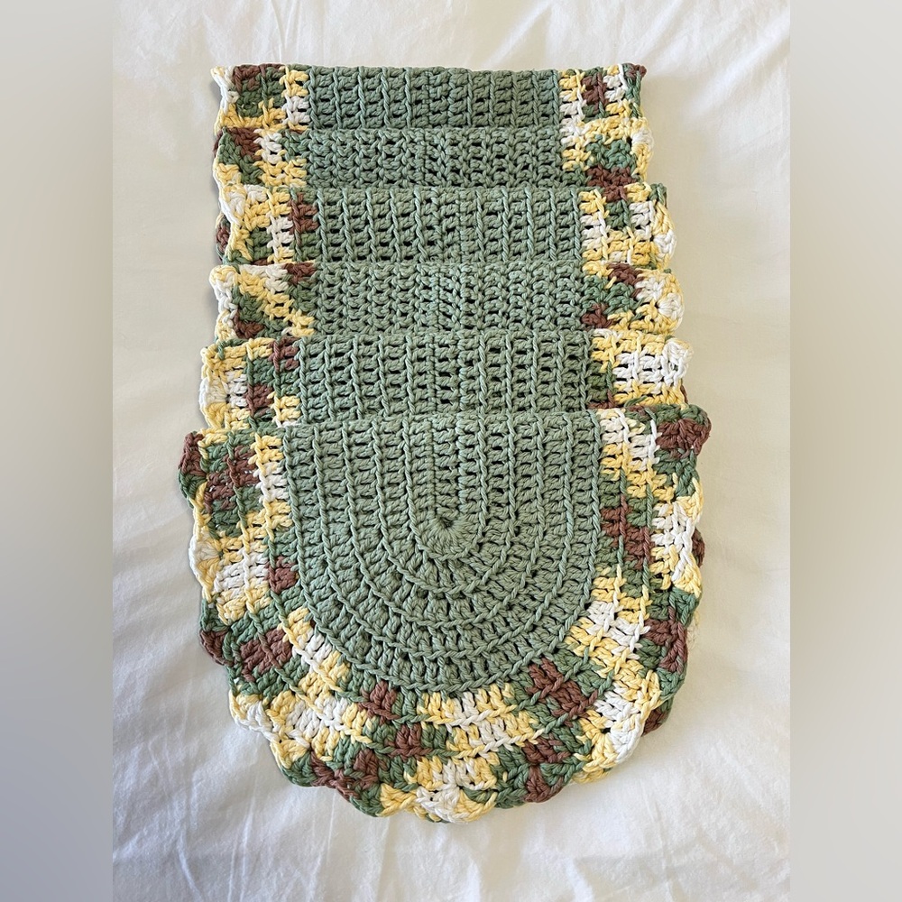 Set of 6 Vintage Oval Hand Crocheted Placemats | Green Yellow Brown